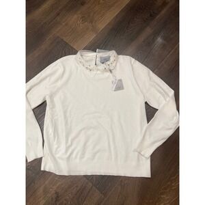 LIV Milano Womens‎ White Knit Sweater Lace Rhinestone Embellished Collar XL NWT